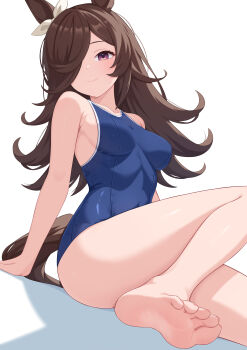 1girl absurdres animal_ears arm_support bad_source barefoot blush breasts brown_hair closed_mouth covered_navel feet foot_out_of_frame hair_ornament highres horse_ears legs long_hair paid_reward_available purple_eyes rice_shower_(umamusume) school_swimsuit simple_background small_breasts smile soles solo swimsuit thighs toenails toes tsubame_tien umamusume white_background