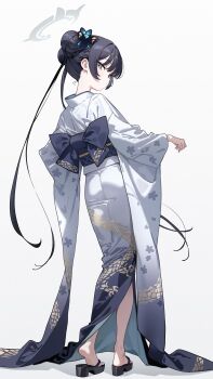 1girl absurdres back_bow black_hair blue_archive bow butterfly_hair_ornament closed_mouth commentary double_bun dragon_print eco_376124 full_body furisode grey_eyes grey_halo hair_bun hair_ornament halo highres japanese_clothes kimono kisaki_(blue_archive) long_hair long_sleeves obi okobo platform_sandals print_kimono sandals sash simple_background soles solo standing symbol-only_commentary twintails white_background white_kimono