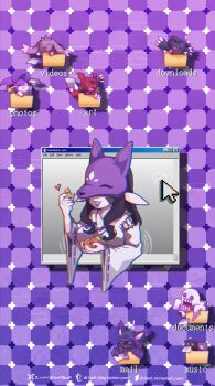 1girl agumon_(black) arm_up bakemon blacktailmon_uver. boned_meat botamon breasts chromatic_aberration claws cleavage commentary cursor dclaret digimon digimon_(creature) eating egasumi english_commentary english_text food fox_mask fruit guilmon highres holding icon_(computing) japanese_clothes kimono kuzuhamon kuzuhamon:_miko_mode lipstick long_hair lopmon makeup mandarin_orange mask meat microsoft_windows nail_polish optical_illusion parted_lips pointy_ears primrose_field_illusion purple_background ripples sharp_teeth sparkle teeth tsukaimon watermark web_address white_kimono wide_sleeves