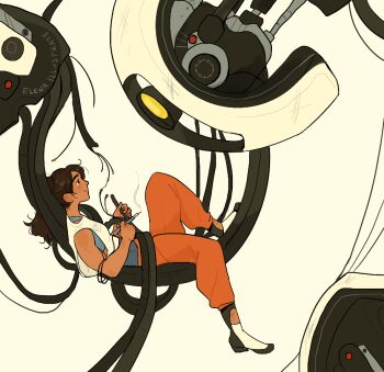 1girl 1other artist_name black_eyes camera chell elena_illustrate eye_contact glados looking_at_another lying on_back orange_pants pants portal portal_(series) portal_2 robot shirt smile soldering_iron white_shirt wire