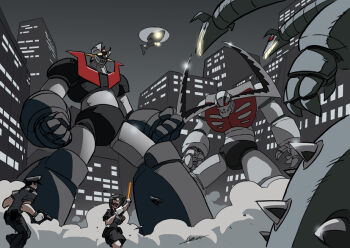 Rule 34 | 1boy, 1girl, aircraft, armor, battle, black armor, blade horns, building, city, clenched hands, commentary, doublas m2 (robot), dust cloud, english commentary, garada k7 (robot), glint, grey armor, gun, handgun, hat, helicopter, holding, holding gun, holding walkie-talkie, holding weapon, horns, japan national police, mazinger (series), mazinger z, mazinger z (mecha), mecha, mecha focus, multicolored armor, multiple heads, nachomon, night, open mouth, outdoors, police, police hat, police helicopter, police uniform, policewoman, red eyes, robot, super robot, walkie-talkie, weapon, yellow eyes