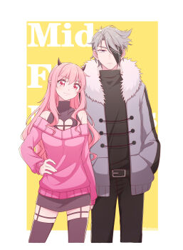 Rule 34 | 1boy, 1girl, absurdres, antenna hair, arm at side, bare shoulders, belt, black belt, black horns, black pants, black sweater, border, breasts, brown shirt, brown skirt, brown thighhighs, chinese commentary, cleavage cutout, closed mouth, clothing cutout, collarbone, commentary request, cropped legs, eyepatch, friday night funkin', fur-trimmed jacket, fur trim, garter straps, green eyes, grey hair, grey jacket, hair behind ear, hair between eyes, hair over shoulder, hand in pocket, hand on own hip, heart cutout, herliearse, highres, horns, humanization, jacket, large breasts, long hair, long sleeves, looking at viewer, male focus, off-shoulder sweater, off shoulder, outside border, pants, pencil skirt, pink sweater, pointy ears, puffy long sleeves, puffy sleeves, ruvyzvat (friday night funkin'), sarvente (friday night funkin'), shirt, short hair, sidelocks, simple background, skindentation, skirt, sleeveless, sleeveless shirt, sleeveless turtleneck, standing, sweater, thighhighs, turtleneck, turtleneck shirt, turtleneck sweater, twitter username, white border, yellow background