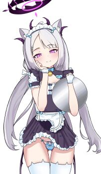 1girl alternate_costume animal_ear_fluff animal_ear_legwear animal_ears apron aspid_r bell black_halo blue_archive blue_bow blue_panties blue_ribbon blush bow bow_panties buttons cat_ear_legwear cat_ear_thighhighs cat_ears cat_thighhighs character_name cosplay cowboy_shot gold_bell grey_hair hair_ribbon halo heart heart_button highres hina_(blue_archive) long_hair looking_at_viewer low_twintails maid maid_apron maid_headdress name_tag neck_bell nekopara panties pink_eyes ribbon short_sleeves slit_pupils socks solo solo_focus thighhighs twintails underwear upskirt vanilla_(nekopara) vanilla_(nekopara)_(cosplay) vanilla_(sayori)_(cosplay) very_long_hair waist_apron white_background white_hair white_ribbon white_socks white_thighhighs wrist_cuffs