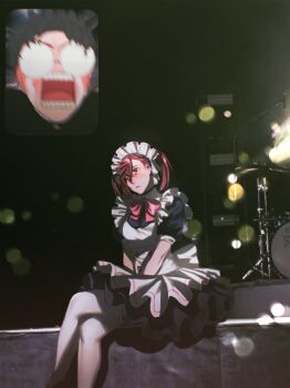 Rule 34 | 1boy, 1girl, absurdres, apron, ayase momo, black dress, black hair, blush, bow, bowtie, breasts, brown hair, crossed bangs, crossed legs, crying, dandadan, derivative work, dewa-chan, dress, fan screaming at madison beer (meme), feet out of frame, glasses, hair between eyes, highres, maid, maid apron, maid headdress, medium breasts, medium hair, meme, open mouth, puffy short sleeves, puffy sleeves, red bow, red bowtie, round eyewear, short hair, short sleeves, sitting, streaming tears, takakura ken (dandadan), tears