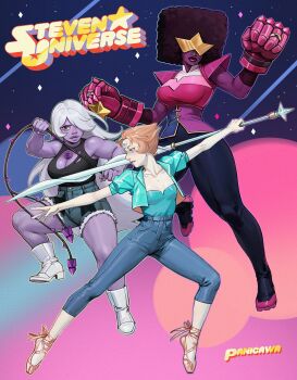 3girls adelheid_(moschiola) afro amethyst_(steven_universe) ballet_slippers black_hair black_shirt blue_jacket boots breasts capri_pants chest_jewel colored_skin copyright_name dark_skin en_pointe forehead_jewel full_body garnet_(steven_universe) gauntlets gem hair_over_one_eye high-waist_pants high-waist_shorts highres jacket large_breasts lips long_hair looking_at_viewer multiple_girls muscular muscular_female pale_skin pants pearl_(steven_universe) plump pointy_nose polearm purple_gemstone purple_skin purple_skirt shirt short_hair shorts skin_tight skirt sleeveless sleeveless_shirt steven_universe steven_universe_future sunglasses thick_thighs thighs very_long_hair weapon whip white_boots white_hair