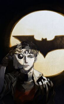 bat_signal batman_(series) batman_symbol black_bodysuit black_gloves bodysuit brown_jacket dc_comics eibi194327 gloves grey_bodysuit highres jacket jason_todd male_focus multicolored_bodysuit multicolored_hair muscular muscular_male red_hood_(dc) red_hood_and_the_outlaws superhero_costume taut_bodysuit two-tone_bodysuit