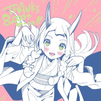 1girl alternate_costume blush braid breasts cosplay froslass gen_4_pokemon green_eyes halloween halloween_costume highres horns japanese_clothes kimono kinocopro lillie_(pokemon) long_hair looking_at_viewer mega_froslass mega_froslass_(cosplay) nintendo open_mouth pokemon pokemon_sm smile solo teeth twin_braids