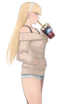 1girl blonde_hair bra_strap bubble_tea claire_volikova cup denim denim_shorts disposable_cup drink drinking_straw earrings from_side hairband hand_in_pocket highres holding holding_cup holding_drink jewelry jourd4n long_hair original pink_eyes shorts simple_background solo standing sweater white_background white_hairband