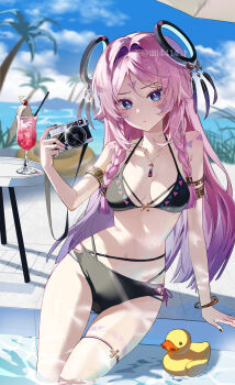 1girl absurdres bikini black_bikini blue_eyes blue_sky bracelet braid breasts camera citlali_(genshin_impact) collarbone facial_mark genshin_impact highres holding holding_camera jewelry long_hair medium_breasts navel ocean palm_tree pink_hair pink_pupils poolside q_(llll4414_j) rubber_duck sky solo stomach swimsuit thigh_strap tree triangle triangle_facial_mark tropical_drink twin_braids twitter_username