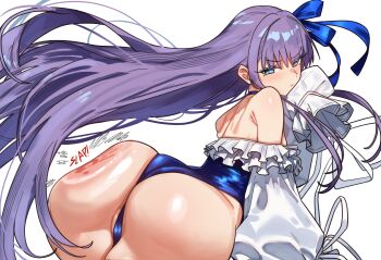 1girl absurdres ass ass_focus back bare_shoulders blue_eyes blue_ribbon blush breasts choker ebora fate/grand_order fate_(series) frills frown hair_ribbon highleg highleg_one-piece_swimsuit highres huge_ass long_hair long_sleeves looking_at_viewer looking_back meltryllis meltryllis_(fate) meltryllis_(swimsuit_lancer)_(fate) meltryllis_(swimsuit_lancer)_(second_ascension)_(fate) off-shoulder_one-piece_swimsuit off_shoulder one-piece_swimsuit puffy_sleeves purple_hair ribbon slap_mark sleeves_past_fingers sleeves_past_wrists small_breasts solo spanked spanking swimsuit thighs very_long_hair white_ribbon wide_hips