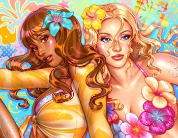 Rule 34 | 2girls, aqua flower, arm markings, arm on knee, babybeetlekat, black eyeliner, blonde hair, blue background, blue bra, blue streaks, body markings, bra, bra peek, breasts, brown eyes, brown hair, cleavage, closed mouth, collarbone, colorful, commentary, dark-skinned female, dark skin, eyelashes, eyeliner, eyeshadow, fashion, floating hair, floral background, flourish (design), flower, flower bra, frutiger metro, glint, glitter makeup, gradient background, gradient outline, hair flower, hair ornament, hair over shoulder, hibiscus, highres, jewel under eye, knee up, lips, lipstick, long sleeves, makeup, mascara, medium breasts, modeling, multicolored bra, multicolored eyeshadow, multicolored hair, multiple girls, orange background, orange eyeshadow, outline, parted hair, parted lips, pink background, pink bra, pink eyeshadow, pink flower, pink outline, pink streaks, pinkpantheress, plaid background, polka dot, polka dot background, procreate (medium), purple outline, real life, red bra, shiny skin, shirt, sideways glance, small breasts, star (symbol), star symbol background, streaked hair, symbol-only commentary, teeth, thigh marking, tied shirt, two-tone bra, two-tone flower, two-tone shirt, underwear, upper body, wavy hair, white shirt, wispy bangs, yellow background, yellow bra, yellow eyeshadow, yellow flower, yellow shirt, zara larsson