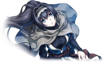 1girl black_gloves black_hair blue_eyes brown_cape cape closed_mouth code_geass code_geass:_lost_stories f4samurai game_cg gloves highres long_hair looking_at_viewer maya_disel official_art pendulum_(code_geass) robot simple_background solo transparent_background