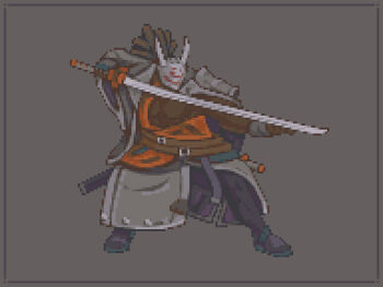 1boy black_skin brown_hair colored_skin commentary commissaramethyst english_commentary grey_background guilty_gear holding holding_sword holding_weapon jacket katana mask pixel_art short_hair simple_background solo sword weapon