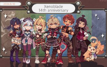 2024 3boys 3girls :d abs anniversary black_hair black_thighhighs blonde_hair blue_eyes boots dated dunban_(xenoblade) fiora_(xenoblade) full_body green_eyes grey_hair high_heel_boots high_heels lineup melia_antiqua monado mugimugis multiple_boys multiple_girls nopon open_mouth pants red_hair reyn_(xenoblade) riki_(xenoblade) sharla_(xenoblade) short_shorts shorts shulk_(xenoblade) smile standing thighhighs xenoblade_chronicles_(series) xenoblade_chronicles_1