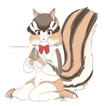 1girl :< blush boots bow bowtie brown_boots brown_eyes brown_gloves brown_hair brown_shorts brown_sleeves chicha_(chi_cha_rigbo) chipmunk_ears chipmunk_girl chipmunk_tail fur_collar gloves hair_between_eyes highres kemono_friends long_sleeves multicolored_hair open_mouth puffy_sleeves red_bow red_bowtie seed short_hair short_shorts shorts siberian_chipmunk_(kemono_friends) sidelocks sitting solo sunflower_seed translation_request two-tone_sleeves vest wariza white_fur white_hair white_sleeves white_vest