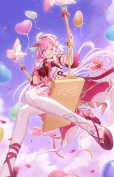 1girl ;) balloon beret blue_sky breasts commentary_request diamond-shaped_pupils diamond_(shape) dress elysia_(hi_love_elf)_(honkai_impact) elysia_(honkai_impact) hat heart_balloon high_heels highres honkai_(series) honkai_impact_3rd large_breasts little_messenger_(honkai_impact) long_hair miona_yui on_swing one_eye_closed pink_hair purple_eyes red_dress sky smile swing symbol-shaped_pupils thighhighs very_long_hair white_thighhighs