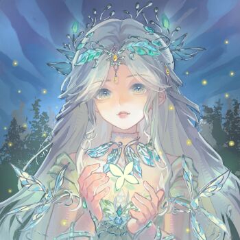 Rule 34 | 1girl, beads, blue sky, bug, butterfly, butterfly hair ornament, choker, circlet, cloud, dress, eyelashes, feiyunchan, forest, forest ripple (infinity nikki), fur choker, green butterfly, green dress, green eyes, grey hair, hair beads, hair ornament, happy, highres, infinity nikki, insect, jewelry, lipstick, long hair, long sidelocks, looking at animal, makeup, nature, necklace, night, nikki (series), outdoors, parted lips, pine tree, pink lips, short sleeves, sidelocks, sky, smile, solo, tree, upper body, very long hair, wavy hair, white choker