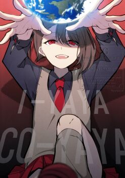 1boy :d arms_up black_shirt brown_hair carrie_(song) character_request check_character collared_shirt commentary_request crossdressing earth_(planet) grey_socks hair_between_eyes highres kagami_hayato long_sleeves male_focus necktie nekozuki_yuki nijisanji open_mouth planet pleated_skirt red_eyes red_necktie red_shoes red_skirt shirt shoes skirt smile socks solo sweater_vest virtual_youtuber watermark