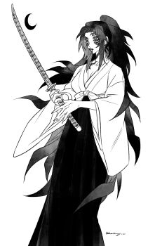 Rule 34 | 1girl, absurdres, black hair, breasts, chinese commentary, cleavage, closed mouth, colored sclera, commentary request, crescent moon, curtained hair, demon girl, extra eyes, facial mark, feet out of frame, fingernails, genderswap, genderswap (mtf), greyscale, hakama, hakama skirt, high ponytail, highres, holding, holding sword, holding weapon, japanese clothes, katana, kimetsu no yaiba, kimono, kokushibou, large breasts, long hair, long skirt, looking at viewer, lunaticotat, monochrome, moon, ponytail, sidelocks, simple background, skirt, solo, sword, very long hair, weapon, wide sleeves