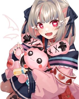 1girl aqua_belt armband bag belt belt_collar blue_ribbon blue_sailor_collar blue_skirt blush collar collarbone colored_inner_hair commentary debitto_(makaino_ririmu) drill_hair fangs feet_out_of_frame grey_hair hair_intakes hair_over_shoulder hair_ribbon handbag heart heart-shaped_pupils highres holding holding_stuffed_toy jacket leg_tattoo long_hair looking_at_viewer loose_belt makaino_ririmu makaino_ririmu_(4th_costume) miniskirt multicolored_hair nijisanji off_shoulder open_mouth pink_hair pink_jacket pink_streaks pleated_skirt pointy_ears red_bag red_collar red_eyes ribbon sailor_collar sakana2434 school_uniform serafuku shirt shoulder_bag sidelocks simple_background skirt sleeves_past_wrists smile solo squatting streaked_hair stuffed_animal stuffed_rabbit stuffed_toy symbol-only_commentary symbol-shaped_pupils tattoo two-tone_hair two_side_up virtual_youtuber white_background white_shirt winged_heart winged_heart_tattoo