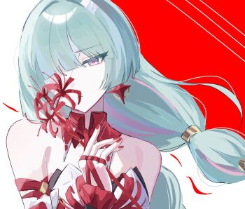 1girl bandage_over_one_eye bare_shoulders breasts commentary earrings grey_eyes grey_hair highres jewelry long_hair medium_breasts multicolored_hair nail_polish phrolova_(wuthering_waves) red_nails red_pupils solo soyogi_nrso streaked_hair upper_body wuthering_waves