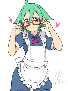 Rule 34 | 1girl, 9rimson, adjusting eyewear, ahoge, apron, blue dress, blue eyes, closed mouth, collared dress, commentary request, cowboy shot, double-parted bangs, dress, frilled apron, frills, glasses, green hair, hair between eyes, hands up, heart, highres, looking at viewer, maid, mismatched pupils, original, short hair, short sleeves, simple background, smile, solo, white apron, white background
