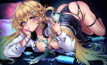 Rule 34 | 1girl, absurdres, agurami, aqua necktie, black nails, black panties, black skirt, blonde hair, blowing bubble gum, breasts, cellphone, chewing gum, clothes lift, commentary, earrings, english commentary, fingernails, gradient hair, green hair, hair ornament, head rest, headphones, headphones around neck, highres, holding, holding phone, jewelry, looking at viewer, loose necktie, lynae (wuthering waves), medium breasts, mole, mole on breast, multicolored hair, nail polish, necktie, panties, phone, purple eyes, shirt, skirt, skirt lift, skull hair ornament, smartphone, solo, spray can, star (symbol), star earrings, thigh strap, thighs, top-down bottom-up, underwear, white shirt, wuthering waves