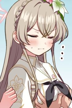 ... 1girl black_neckerchief blue_archive blue_background blush brown_hair closed_eyes closed_mouth flower from_side gesupi_(provlemsolver57) grabbing_another's_breast groping hair_flower hair_ornament halo highres long_hair nagisa_(blue_archive) neckerchief pink_halo solo_focus upper_body white_flower