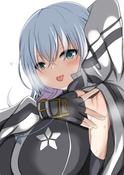 1girl arm_up armpit_crease armpit_focus armpits arou black_gloves blue_eyes blush breasts coat commentary_request crossed_bangs double-parted_bangs eiyuu_densetsu fingerless_gloves gloves hair_between_eyes heart high_collar kuro_no_kiseki_(series) kuro_no_kiseki_i large_breasts long_sleeves looking_at_viewer open_clothes open_coat presenting_armpit shizuna_rem_misurugi simple_background solo spread_armpit steaming_body sweat tongue tongue_out upper_body white_background white_hair