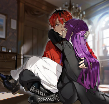 Rule 34 | 1boy, 1girl, black boots, black coat, black pants, blurry, blurry background, blush, boots, butterfly hair ornament, carrying, chandelier, chest of drawers, closed mouth, coat, commentary request, day, depth of field, dress, eye contact, fern (sousou no frieren), full body, hair ornament, half updo, hetero, hug, indian style, indoors, jacket, lace-up boots, long dress, long hair, long sleeves, looking at another, nyoro (nyoronyoro000), open mouth, pants, princess carry, purple hair, red eyes, red hair, red jacket, short hair, sitting, sousou no frieren, stark (sousou no frieren), straight hair, very short hair, white dress, window