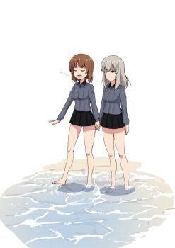 Rule 34 | 2girls, barefoot, black skirt, blue eyes, blush, breasts, brown hair, buchikaki, closed eyes, closed mouth, girls und panzer, highres, holding hands, in water, itsumi erika, kuromorimine military uniform, long hair, looking at another, medium breasts, military uniform, miniskirt, multiple girls, nishizumi miho, open mouth, short hair, simple background, skirt, smile, white hair, yuri