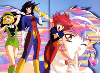 Rule 34 | 1990s (style), 4girls, absurdres, artist request, beret, biker clothes, bikesuit, blonde hair, blue eyes, bodysuit, boots, breasts, brown hair, choker, cleavage, cutie honey, cutie honey (character), dual persona, gloves, hair ornament, hat, heart, heart choker, highres, impossible clothes, long hair, medium breasts, minidress, miniskirt, misty honey (flash), multicolored hair, multiple girls, nagai gou, official art, one eye closed, panties, pantyshot, red hair, retro artstyle, scarf, short hair, skirt, tagme, underwear