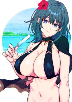 1girl black_cape blue_eyes blue_hair breasts cape cleavage closed_mouth female_byleth_(fire_emblem) female_byleth_(summer)_(fire_emblem) fire_emblem fire_emblem:_three_houses fire_emblem_heroes flower food hair_between_eyes hair_flower hair_ornament highres holding holding_food holding_popsicle large_breasts looking_at_viewer melting_popsicle navel nintendo official_alternate_costume ootuk popsicle smile solo upper_body