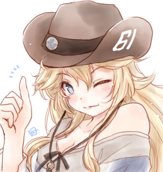 1girl blonde_hair blue_eyes breasts brown_hat cleavage commentary_request cowboy_hat hat iowa_(kancolle) iowa_(setsubun)_(kancolle) kantai_collection koshigaya_tatsumi long_hair medium_breasts shirt simple_background smile solo striped_clothes striped_shirt thumbs_up upper_body white_background