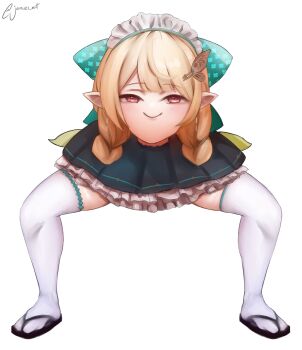 1girl absurdres asymmetrical_legwear blonde_hair bow brown_eyes closed_mouth commentary english_commentary frilled_skirt frills green_ribbon green_trim hair_bow hair_ornament hairclip highres jamwes japanese_clothes legs maid maid_headdress medium_hair nijisanji nijisanji_en no_nose over-kneehighs pointy_ears pomu_rainpuff ribbon skirt slippers smile smug socks solo swept_bangs thighhighs twitter_username virtual_youtuber wa_maid what white_socks zettai_ryouiki