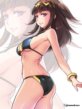 1girl ass bikini bracelet breasts curvy etchimune female_focus fire_emblem fire_emblem_awakening jewelry large_breasts long_hair looking_at_viewer nintendo purple_eyes sideboob solo swimsuit tharja_(fire_emblem) thick_thighs thighs