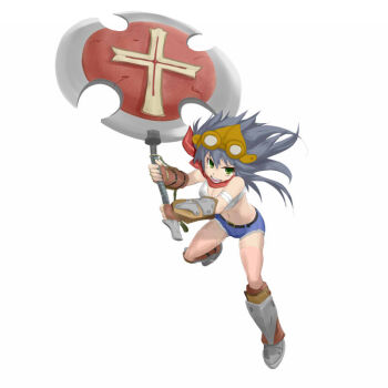 1girl armored_boots axe blacksmith_(ragnarok_online) blue_shorts blush boots breasts brown_gloves cleavage commentary_request crop_top fingerless_gloves full_body gloves goggles goggles_on_head green_eyes grey_hair holding holding_axe long_hair looking_at_viewer medium_breasts midriff navel open_mouth ragnarok_online shirt short_shorts shorts simple_background sleeveless sleeveless_shirt smile solo v-shaped_eyebrows weroro white_background white_shirt