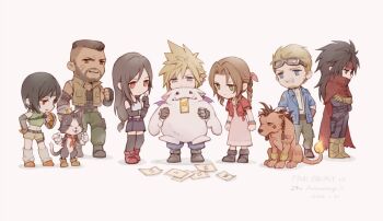 3girls 5boys aerith_gainsborough anniversary barret_wallace black_gloves black_hair black_skirt black_thighhighs blonde_hair blue_eyes blue_jacket braid braided_ponytail brown_eyes brown_hair brown_vest cait_sith_(final_fantasy) cape cid_highwind cloak cloud_strife commentary copyright_name crop_top dark-skinned_male dark_skin dated dress facial_hair final_fantasy final_fantasy_vii final_fantasy_vii_remake fire flame-tipped_tail full_body gloves goggles goggles_on_head green_eyes green_pants green_sweater hair_ribbon headband highres jacket long_hair low-tied_long_hair maoli45222137 moogle multiple_boys multiple_girls open_clothes open_jacket pants pink_dress pink_ribbon red_cape red_cloak red_eyes red_headband red_jacket red_xiii ribbon short_hair shorts skirt socks standing suspender_skirt suspenders sweater tail tank_top thighhighs tifa_lockhart turtleneck turtleneck_sweater vest vincent_valentine white_socks white_tank_top yuffie_kisaragi