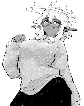 +_+ 1girl absurdres ahoge breasts closed_mouth cowboy_shot double-parted_bangs earrings greyscale halo hand_up highres jewelry large_breasts long_sleeves looking_at_viewer medium_hair miregeist monochrome original pants pointy_ears print_pants simple_background smile solo starry_sky_print sweater white_background