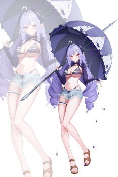 1girl absurdres ahoge alternate_costume bare_legs bikini blush bow breasts closed_mouth commentary denim denim_shorts falling_petals full_body hair_bow hair_intakes highleg highleg_bikini highres holding holding_umbrella kebi_(soo_owl) large_breasts legs long_hair long_sleeves looking_at_viewer multicolored_hair nail_polish navel open_fly parasol petals pointy_ears purple_bikini purple_bow purple_hair purple_nails purple_petals purple_shrug purple_umbrella red_eyes sandals shorts shrug_(clothing) sidelocks smile solo stomach streaked_hair striped_bikini striped_clothes swimsuit thigh_strap thighs toenail_polish toenails toes umbrella very_long_hair vivian_banshee zenless_zone_zero zoom_layer