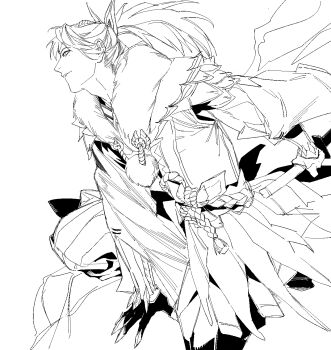 1boy armor braided_belt commentary_request dynamic_pose fur_trim gauntlets greyscale hand_on_ground highres holding holding_sword holding_weapon lineart long_hair looking_to_the_side megasus monochrome monster_hunter_(series) monster_hunter_rise original ponytail scale_armor simple_background solo sword weapon white_background