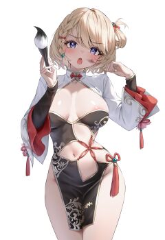 Rule 34 | 1girl, absurdres, areola slip, azur lane, blonde hair, blue eyes, blush, bob cut, braid, braided bangs, breasts, calligraphy brush, china dress, chinese clothes, classic (zildjian33), cleavage, commentary request, cowboy shot, dress, floral print, floral print dress, gold trim, highres, holding, holding calligraphy brush, holding paintbrush, ink on face, large breasts, long sleeves, looking at viewer, navel, official alternate costume, official alternate hairstyle, open mouth, paintbrush, pelvic curtain, print dress, shrug (clothing), side braid, simple background, single braid, solo, thighs, white background, white shrug, z23 (azur lane), z23 (inky antics) (azur lane)