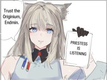 1girl animal_ears arknights arknights:_endfield bird_ears bird_girl blue_eyes chainsaw_man commentary dress english_commentary english_text holding holding_paper long_hair looking_at_viewer off_shoulder paper parody perlica_(arknights) sketch sleeveless sleeveless_dress smile solo tomodurien white_background white_dress