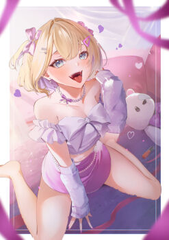 1girl absurdres bandaid_on_eye blonde_hair blurry blurry_foreground blush border breasts cleavage collarbone colored_inner_hair commentary cosmetics detached_sleeves earrings fangs fingernails green_eyes hair_intakes hair_ornament hair_ribbon hairclip heart heart_earrings heart_hair_ornament highres jewelry kurumi_noah lipstick_tube long_sleeves looking_at_viewer medium_hair midriff multicolored_hair nail_polish navel necklace open_mouth pearl_necklace pink_hair pink_nails pink_ribbon pink_skirt purple_shirt purple_sleeves ribbon saliva shirt sitting skirt sleeves_past_wrists smile solo stomach stuffed_animal stuffed_toy takanashi_art teddy_bear teeth thighs tongue tongue_out two-tone_hair two_side_up upper_teeth_only virtual_youtuber vspo! wariza white_border