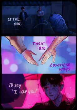 Rule 34 | absurdres, arm markings, bird, black border, black hair, black hat, black jacket, blue pants, border, braid, brown eyes, commentary, crossed arms, crow, demon boy, derpy (kpop demon hunters), english commentary, facial mark, grey hoodie, hashtag-only commentary, hat, hetero, highres, hood, hoodie, jacket, jacket over hoodie, jinu (kpop demon hunters), kpop demon hunters, light smile, long hair, looking at another, multiple views, pants, parted bangs, purple hair, rumi (kpop demon hunters), sad smile, short hair, single braid, sussie (kpop demon hunters), tiger, upper body, vvvimint, wide brim