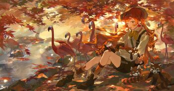 :d absurdres animal_on_arm ankle_boots autumn_leaves bird boots brown_boots brown_gloves brown_hat brown_shorts flamingo forest full_body gloves green_eyes hat highres holding holding_notebook leaf long_hair looking_at_viewer maple_leaf nature neckerchief notebook official_alternate_costume on_ground open_mouth orange_hair red_panda reverse:1999 shirt shorts sitting smile sonetto_(reverse:1999) tree water white_shirt yellow_neckerchief yi_fen_ta