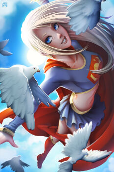 1girl alien bird blonde_hair blue_eyes boots breasts cape dc_comics dove female_focus highres kryptonian midriff outdoors red_cape skirt sky solo supergirl