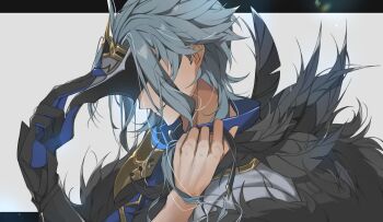 1boy absurdres blue_hair dottore_(genshin_impact) eye_mask feathers from_side genshin_impact gloves hand_on_mask highres male_focus mask messy_hair moderate_gold multicolored_gloves smirk solo teeth white_background