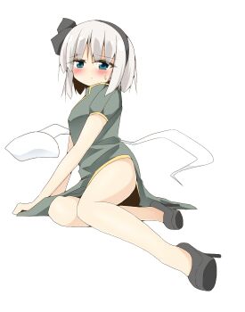 Rule 34 | 1girl, alternate costume, black hairband, black shoes, blush, china dress, chinese clothes, closed mouth, commentary request, dress, green dress, grey hair, hairband, high heels, highres, hitodama, konpaku youmu, konpaku youmu (ghost), looking at viewer, medium hair, puffy short sleeves, puffy sleeves, shishiky, shoes, short sleeves, side slit, simple background, sitting, solo, sweatdrop, touhou, white background