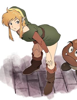 1boy bare_legs blonde_hair blue_eyes boots goomba hands_on_own_knees highres link looking_up male_focus nintendo pointy_ears the_legend_of_zelda tunic yone_f15